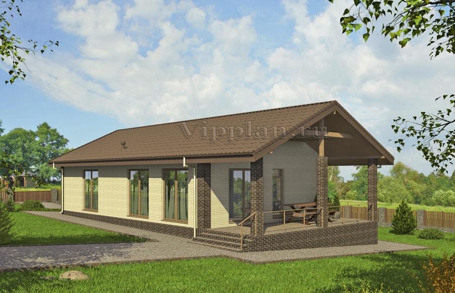 Одноэтажная баня с террасой, бассейном и кухней-столовой