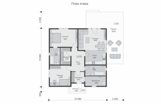 Одноэтажный каркасный дом с двумя спальнями и террасой